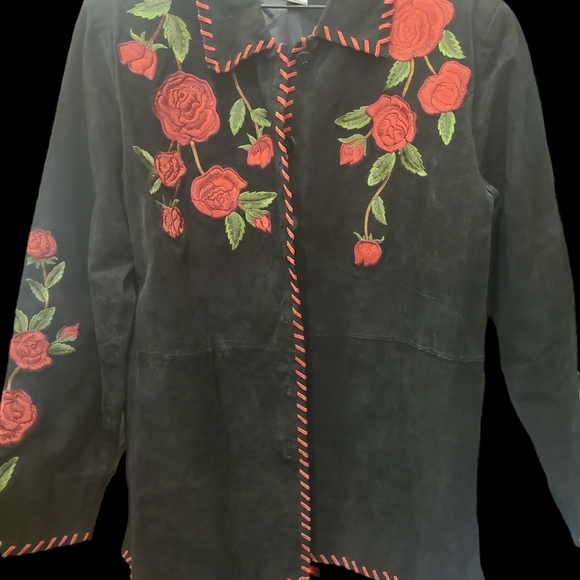 Vintage Leather Floral Embroidery Jacket Medium - Picture 3 of 9